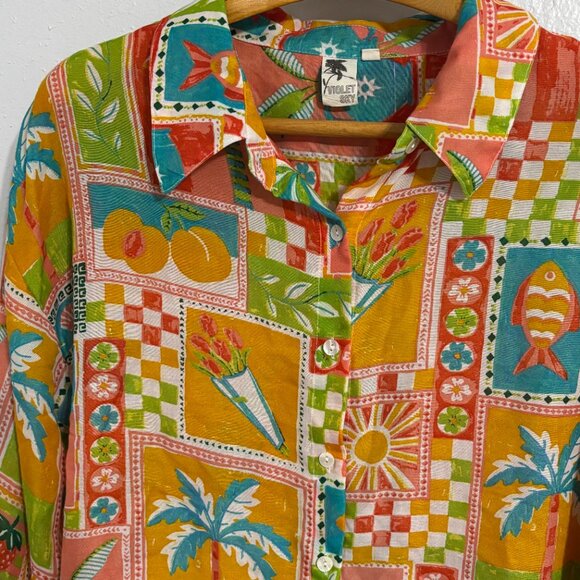 Violet Sky Tropical Patchwork Blouse Women’s 2X Colorful Palm Tree Print Shirt - Picture 2 of 11